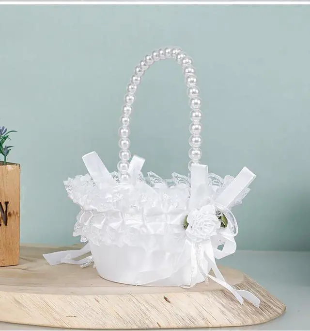 Alt view image 6 of 7 - Wedding Flower Girl Basket with Pearl Handle,Satin Flower Storage Basket for Wedding Home Garden Decor (5835 Small, 1)