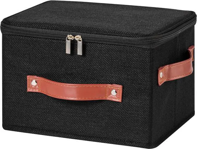 Main image of Storage Bin Box with Zippered Lid Decorative Collapsible Basket | Cotton Linen Fabric, Washable Foldable Stackable Clothes Container, Closet Shelf Organizer w/ PU Leather Handles, Black-Small