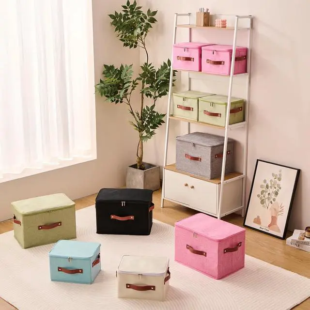 Alt view image 2 of 7 - Storage Bin Box with Zippered Lid Decorative Collapsible Basket | Cotton Linen Fabric, Washable Foldable Stackable Clothes Container, Closet Shelf Organizer w/ PU Leather Handles, Black-Small