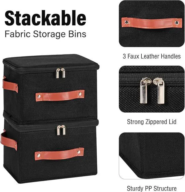 Alt view image 4 of 7 - Storage Bin Box with Zippered Lid Decorative Collapsible Basket | Cotton Linen Fabric, Washable Foldable Stackable Clothes Container, Closet Shelf Organizer w/ PU Leather Handles, Black-Small