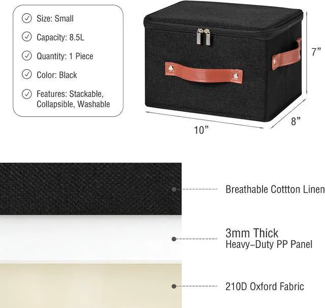 Alt view image 5 of 7 - Storage Bin Box with Zippered Lid Decorative Collapsible Basket | Cotton Linen Fabric, Washable Foldable Stackable Clothes Container, Closet Shelf Organizer w/ PU Leather Handles, Black-Small