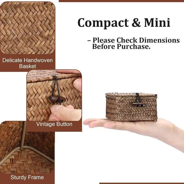 Alt view image 2 of 7 - Small Wicker Basket with Lid, Square Seagrass Organizer | Handwoven Compact Storage Box for Key, Jewelry, Decorative Box for Shelf, Home Decor, 3.5"L x 3.5"W x 2"H