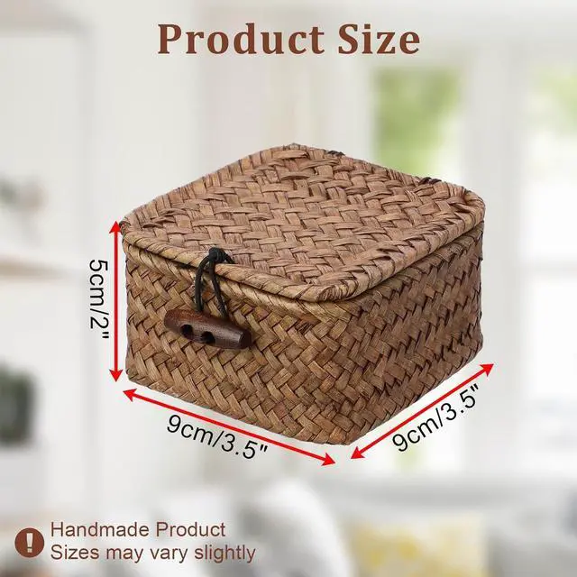 Alt view image 4 of 7 - Small Wicker Basket with Lid, Square Seagrass Organizer | Handwoven Compact Storage Box for Key, Jewelry, Decorative Box for Shelf, Home Decor, 3.5"L x 3.5"W x 2"H