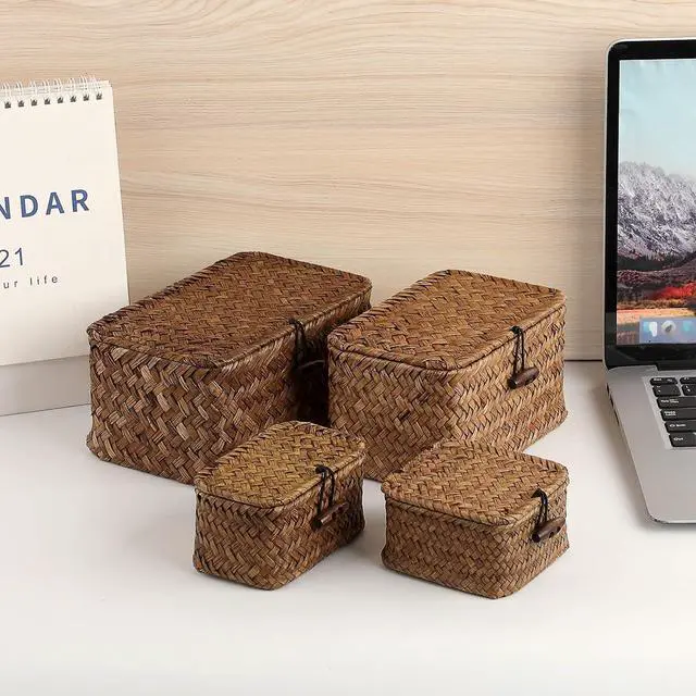 Alt view image 6 of 7 - Small Wicker Basket with Lid, Square Seagrass Organizer | Handwoven Compact Storage Box for Key, Jewelry, Decorative Box for Shelf, Home Decor, 3.5"L x 3.5"W x 2"H