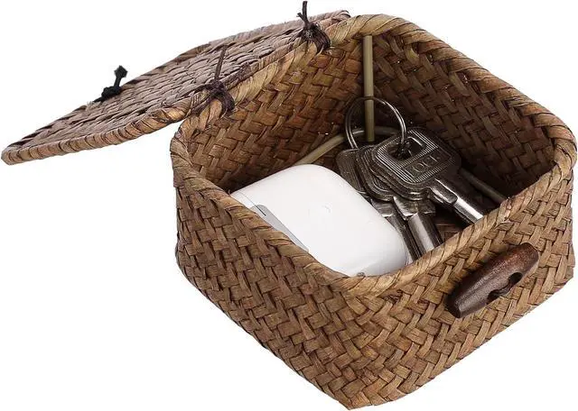 Alt view image 7 of 7 - Small Wicker Basket with Lid, Square Seagrass Organizer | Handwoven Compact Storage Box for Key, Jewelry, Decorative Box for Shelf, Home Decor, 3.5"L x 3.5"W x 2"H