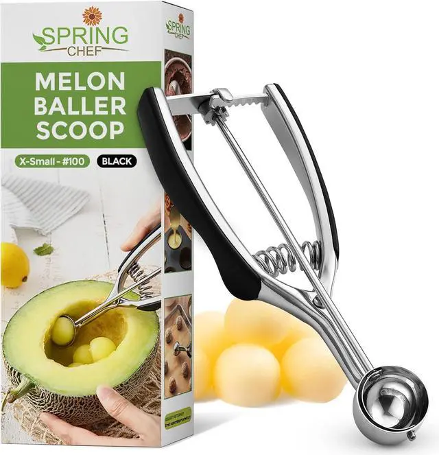 Main image of Spring Chef Extra Small Stainless Steel Melon Baller Scoop, #100, Black | Mini Cookie Scoop for Baking with Trigger Release, Watermelon Scooper, 0.6 Tablespoon (Tbsp), Fruit Scooper and Baller