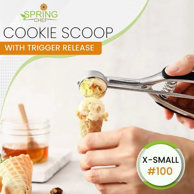 Alt view image 2 of 7 - Spring Chef Extra Small Stainless Steel Melon Baller Scoop, #100, Black | Mini Cookie Scoop for Baking with Trigger Release, Watermelon Scooper, 0.6 Tablespoon (Tbsp), Fruit Scooper and Baller