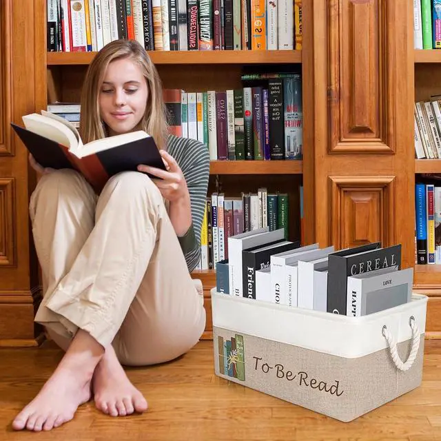 Alt view image 7 of 7 - TBR Book Organizers and Storage Basket with Handles | Collapsible Storage Basket for Books,to Be Read List Storage Bin for Office Home Shelves Book Club Members