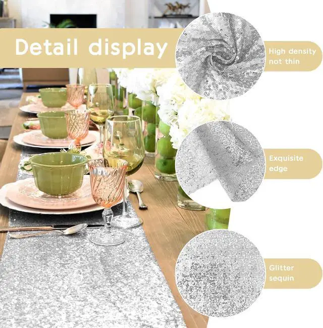 Alt view image 4 of 7 - 2 Packs 12 x 72 inches Sequin Table Runner, Silver Glitter Table Runner for Birthday Party Supplies Wedding Engagement Baby Shower Holiday Celebration Event Decorations