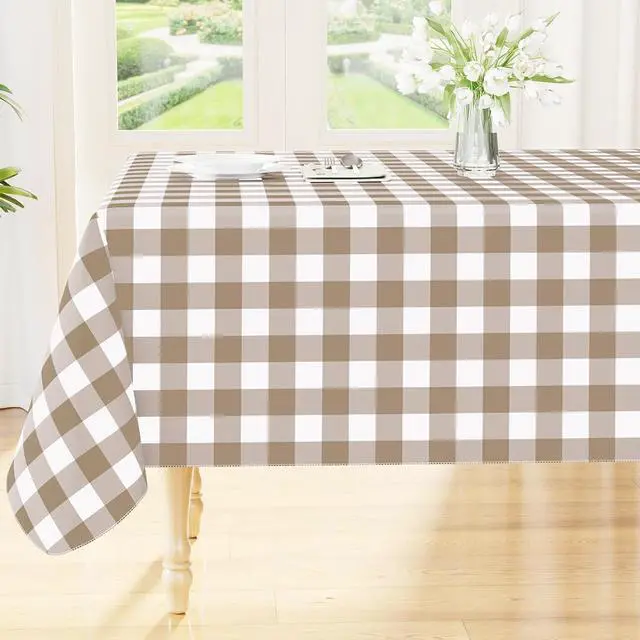 Main image of Smiry Picnic Table Cloth, Vinyl Tablecloths with Flannel Backing, 60"x84" | Waterproof Rectangle Table Cloth, Wipeable Buffalo Plaid Table Cover for Indoor and Outdoor (Khaki & White)