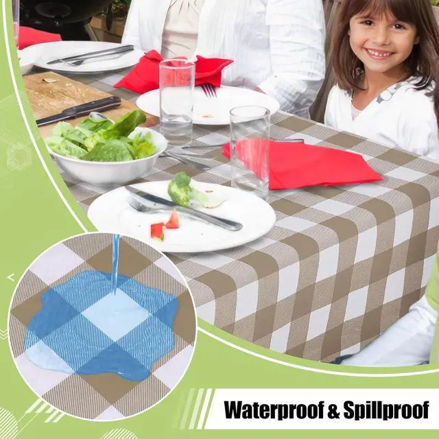 Alt view image 2 of 7 - Smiry Picnic Table Cloth, Vinyl Tablecloths with Flannel Backing, 60"x84" | Waterproof Rectangle Table Cloth, Wipeable Buffalo Plaid Table Cover for Indoor and Outdoor (Khaki & White)