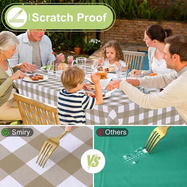 Alt view image 5 of 7 - Smiry Picnic Table Cloth, Vinyl Tablecloths with Flannel Backing, 60"x84" | Waterproof Rectangle Table Cloth, Wipeable Buffalo Plaid Table Cover for Indoor and Outdoor (Khaki & White)