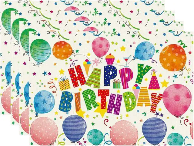 Main image of XCHI Happy Birthday Balloons Placemats Set of 4 Table Decor 12x18 Inch | Confetti Colorful Stars Table Mats for Party Kitchen Dining Home Decorations