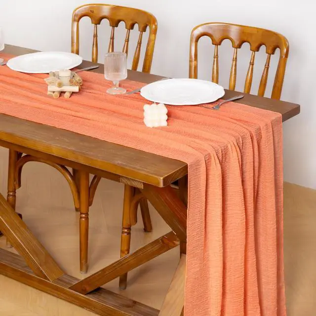 Alt view image 2 of 6 - Socomi Cheesecloth Table Runner Fall Boho Wedding Shower Party Home Decor | Peach Coral Rustic Gauze 10FT 120in Cheese Cloth Sheer Farmhouse Dining Runner for Baby Shower Birthday Holiday Decorations