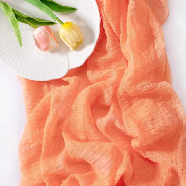 Alt view image 3 of 6 - Socomi Cheesecloth Table Runner Fall Boho Wedding Shower Party Home Decor | Peach Coral Rustic Gauze 10FT 120in Cheese Cloth Sheer Farmhouse Dining Runner for Baby Shower Birthday Holiday Decorations
