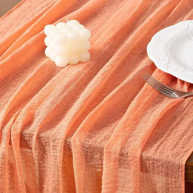 Alt view image 4 of 6 - Socomi Cheesecloth Table Runner Fall Boho Wedding Shower Party Home Decor | Peach Coral Rustic Gauze 10FT 120in Cheese Cloth Sheer Farmhouse Dining Runner for Baby Shower Birthday Holiday Decorations