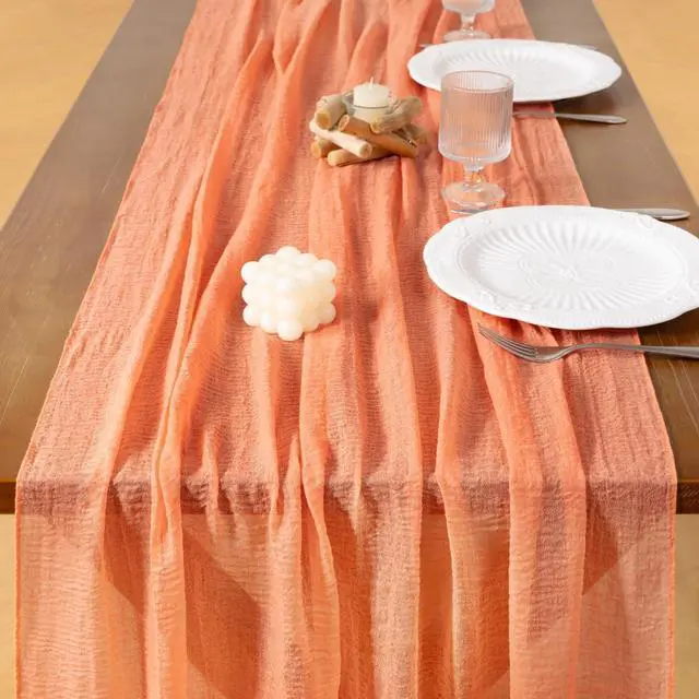 Alt view image 5 of 6 - Socomi Cheesecloth Table Runner Fall Boho Wedding Shower Party Home Decor | Peach Coral Rustic Gauze 10FT 120in Cheese Cloth Sheer Farmhouse Dining Runner for Baby Shower Birthday Holiday Decorations