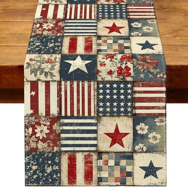 Main image of Vintage 4th of July Table Runner Retro Patchwork American 250th Anniversary Memorial Independence Day Patriotic Party Decoration Home Kitchen Table Decor13" x 72"
