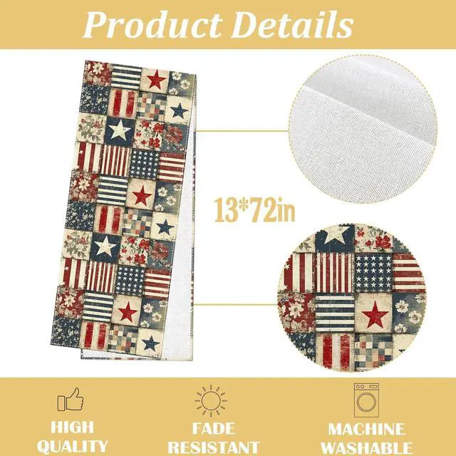 Alt view image 3 of 6 - Vintage 4th of July Table Runner Retro Patchwork American 250th Anniversary Memorial Independence Day Patriotic Party Decoration Home Kitchen Table Decor13" x 72"