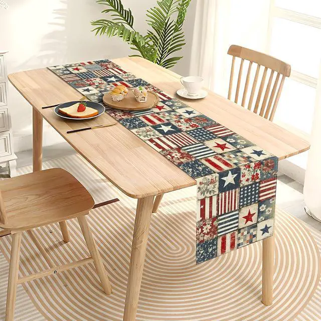 Alt view image 4 of 6 - Vintage 4th of July Table Runner Retro Patchwork American 250th Anniversary Memorial Independence Day Patriotic Party Decoration Home Kitchen Table Decor13" x 72"