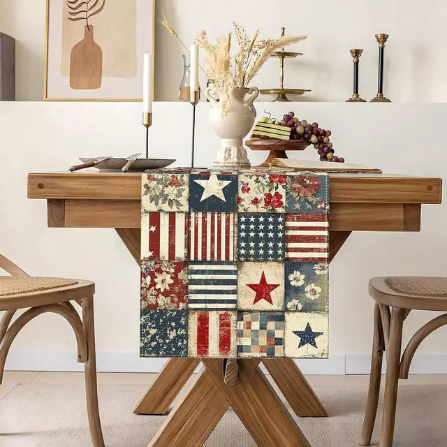 Alt view image 2 of 6 - Vintage 4th of July Table Runner Retro Patchwork American 250th Anniversary Memorial Independence Day Patriotic Party Decoration Home Kitchen Table Decor13" x 72"