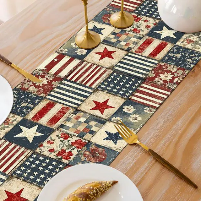 Alt view image 6 of 6 - Vintage 4th of July Table Runner Retro Patchwork American 250th Anniversary Memorial Independence Day Patriotic Party Decoration Home Kitchen Table Decor13" x 72"