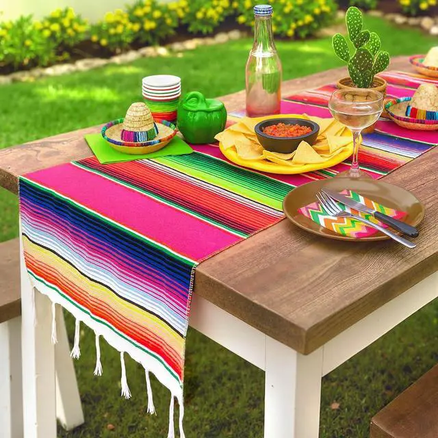 Alt view image 2 of 7 - DOMESTAR 2 Pack Serape Table Runner, 14x84 Fiesta Mexican Runners | Vibrant Striped Caminosde Mesa with Tassel Fringe, for Cinco De Mayo, Mexican Party, Wedding & Home Table Decor
