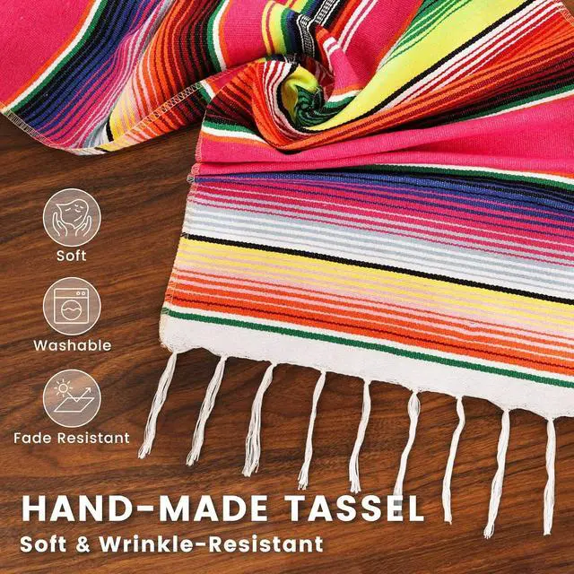 Alt view image 3 of 7 - DOMESTAR 2 Pack Serape Table Runner, 14x84 Fiesta Mexican Runners | Vibrant Striped Caminosde Mesa with Tassel Fringe, for Cinco De Mayo, Mexican Party, Wedding & Home Table Decor