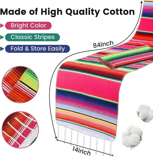 Alt view image 4 of 7 - DOMESTAR 2 Pack Serape Table Runner, 14x84 Fiesta Mexican Runners | Vibrant Striped Caminosde Mesa with Tassel Fringe, for Cinco De Mayo, Mexican Party, Wedding & Home Table Decor