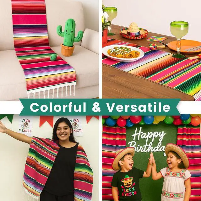 Alt view image 5 of 7 - DOMESTAR 2 Pack Serape Table Runner, 14x84 Fiesta Mexican Runners | Vibrant Striped Caminosde Mesa with Tassel Fringe, for Cinco De Mayo, Mexican Party, Wedding & Home Table Decor