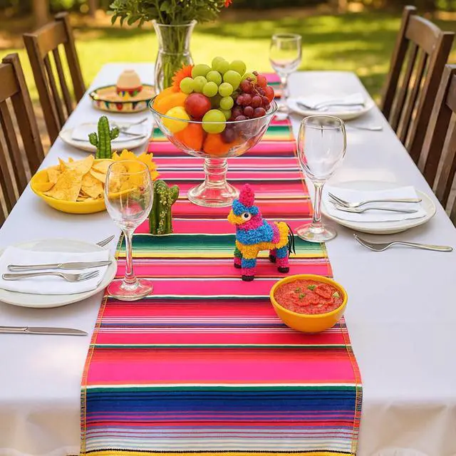 Alt view image 6 of 7 - DOMESTAR 2 Pack Serape Table Runner, 14x84 Fiesta Mexican Runners | Vibrant Striped Caminosde Mesa with Tassel Fringe, for Cinco De Mayo, Mexican Party, Wedding & Home Table Decor
