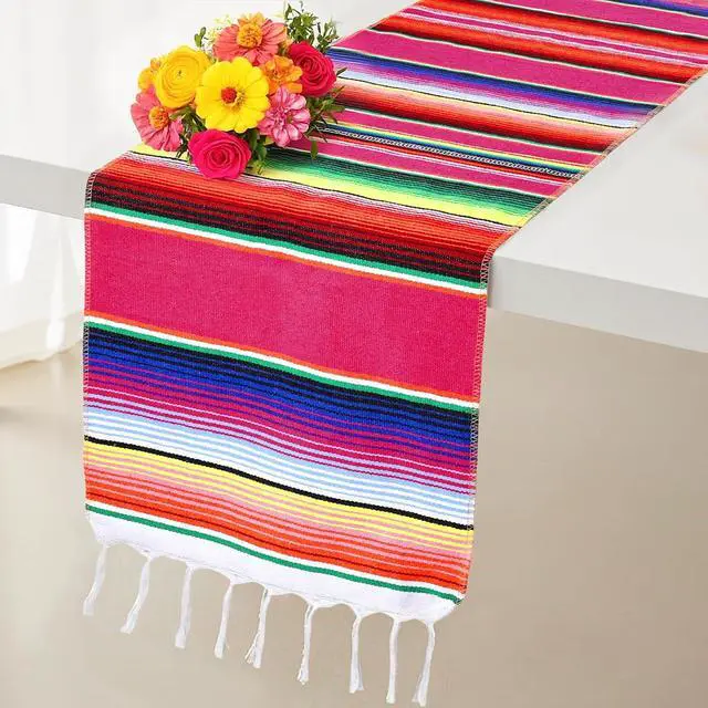 Alt view image 7 of 7 - DOMESTAR 2 Pack Serape Table Runner, 14x84 Fiesta Mexican Runners | Vibrant Striped Caminosde Mesa with Tassel Fringe, for Cinco De Mayo, Mexican Party, Wedding & Home Table Decor