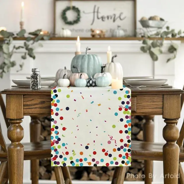 Alt view image 7 of 7 - Artoid Mode Polka Dot Beige Happy Birthday Table Runner, Seasonal Kitchen Dining Table Decoration for Home Party Decor 13x90 Inch