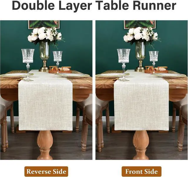 Alt view image 6 of 7 - Farmhouse Rustic Faux Linen Table Runner Neutral Beige Table Runners Double Layer Reversible Rectangle Runners for Daily Use Kitchen Dining Banquet Holiday 13x36 Inch