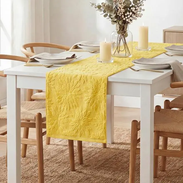 Alt view image 3 of 7 - Artoid Mode Yellow Soft 3D Jacquard Dahlia Floral Pinnata 100%Cotton Spring Table Runner, Holiday Kitchen Dining Table Decoration for Home Party Decor 13x72 Inch