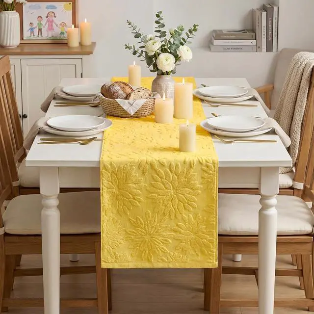 Alt view image 2 of 7 - Artoid Mode Yellow Soft 3D Jacquard Dahlia Floral Pinnata 100%Cotton Spring Table Runner, Holiday Kitchen Dining Table Decoration for Home Party Decor 13x72 Inch