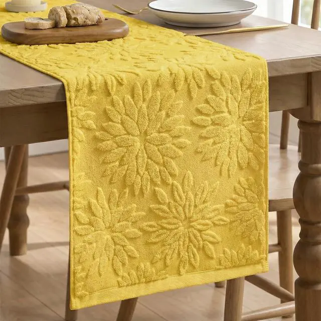 Main image of Artoid Mode Yellow Soft 3D Jacquard Dahlia Floral Pinnata 100%Cotton Spring Table Runner, Holiday Kitchen Dining Table Decoration for Home Party Decor 13x72 Inch