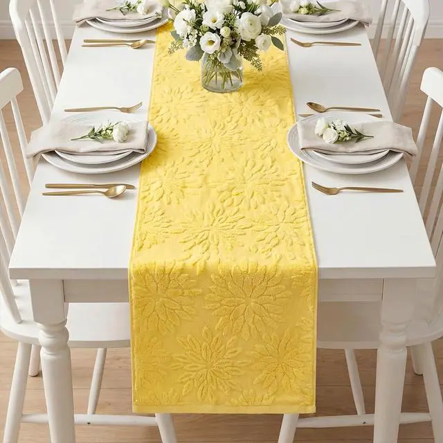 Alt view image 4 of 7 - Artoid Mode Yellow Soft 3D Jacquard Dahlia Floral Pinnata 100%Cotton Spring Table Runner, Holiday Kitchen Dining Table Decoration for Home Party Decor 13x72 Inch
