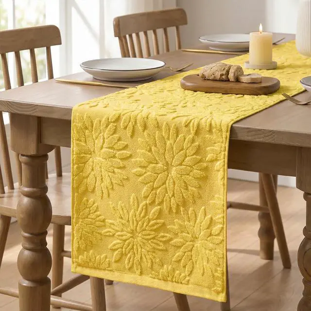 Alt view image 6 of 7 - Artoid Mode Yellow Soft 3D Jacquard Dahlia Floral Pinnata 100%Cotton Spring Table Runner, Holiday Kitchen Dining Table Decoration for Home Party Decor 13x72 Inch