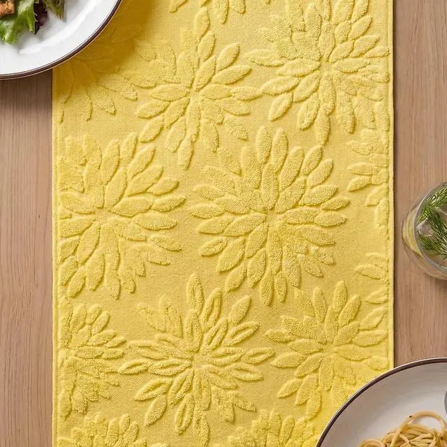 Alt view image 5 of 7 - Artoid Mode Yellow Soft 3D Jacquard Dahlia Floral Pinnata 100%Cotton Spring Table Runner, Holiday Kitchen Dining Table Decoration for Home Party Decor 13x72 Inch