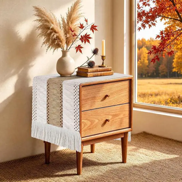 Main image of Boho Table Runner 36 inches, Fall Small Macrame Farmhouse Dresser Decor | Neutral Rustic Table Runner Short, Nightstand Runner for Bedroom, Coffee Table, End Table, Side Table Cover Home Decorations