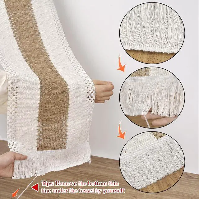 Alt view image 4 of 7 - Boho Table Runner 36 inches, Fall Small Macrame Farmhouse Dresser Decor | Neutral Rustic Table Runner Short, Nightstand Runner for Bedroom, Coffee Table, End Table, Side Table Cover Home Decorations