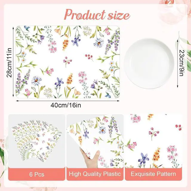 Alt view image 2 of 7 - Tarklanda Spring Wild Flowers Placemats Set of 6, Summer Floral Plastic Washable Place Mats, Watercolor Flower Vinyl Table Mats for Indoor Outdoor Dining Table Kitchen Holiday Party
