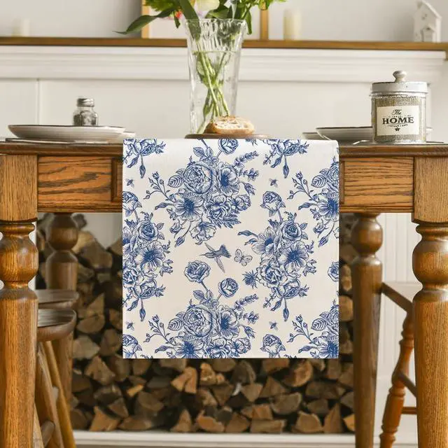 Alt view image 2 of 7 - Artoid Mode Spring Navy Blue Floral Chinoiserie Table Runner, Seasonal Summer Kitchen Dining Table Decoration for Home Party Decor 13x72 Inch