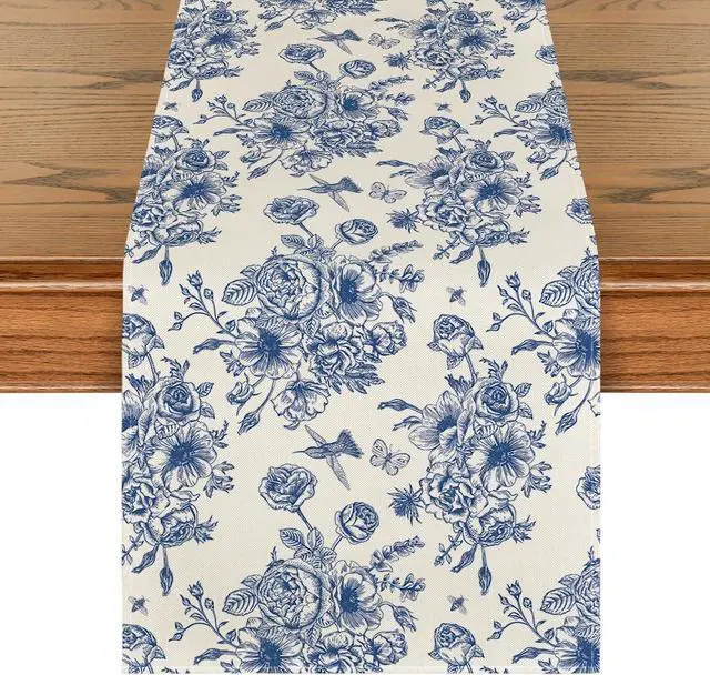 Main image of Artoid Mode Spring Navy Blue Floral Chinoiserie Table Runner, Seasonal Summer Kitchen Dining Table Decoration for Home Party Decor 13x72 Inch