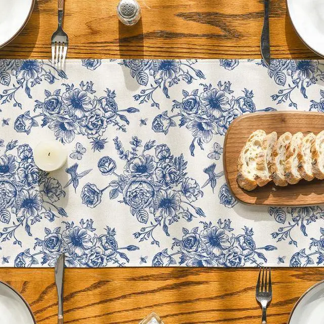 Alt view image 3 of 7 - Artoid Mode Spring Navy Blue Floral Chinoiserie Table Runner, Seasonal Summer Kitchen Dining Table Decoration for Home Party Decor 13x72 Inch