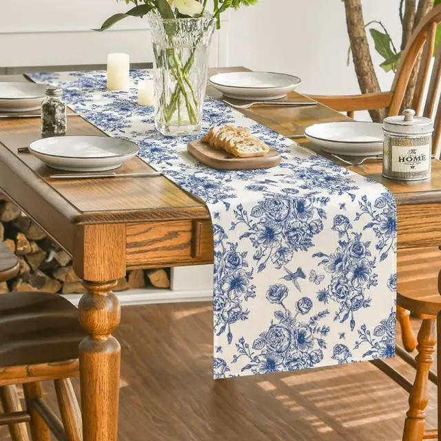 Alt view image 4 of 7 - Artoid Mode Spring Navy Blue Floral Chinoiserie Table Runner, Seasonal Summer Kitchen Dining Table Decoration for Home Party Decor 13x72 Inch