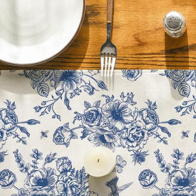 Alt view image 7 of 7 - Artoid Mode Spring Navy Blue Floral Chinoiserie Table Runner, Seasonal Summer Kitchen Dining Table Decoration for Home Party Decor 13x72 Inch