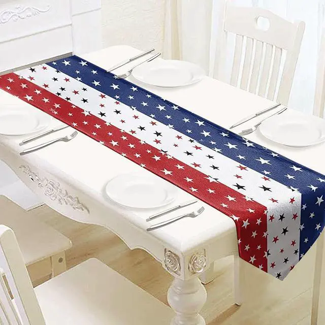 Main image of 4th of July Table Runner Decorations - 71x13 Inch Linen Patriotic Table Runner for Fourth of July, Independence Day, Memorial Day, USA Flag Stars Pattern Table Cover for Home Fireplace Party Supplies
