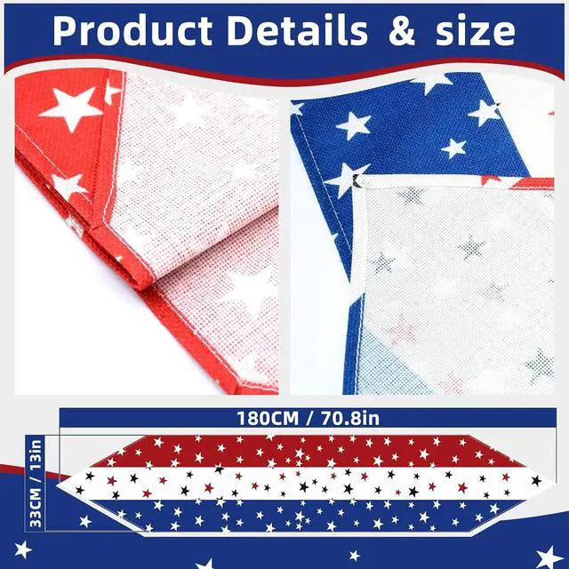 Alt view image 2 of 7 - 4th of July Table Runner Decorations - 71x13 Inch Linen Patriotic Table Runner for Fourth of July, Independence Day, Memorial Day, USA Flag Stars Pattern Table Cover for Home Fireplace Party Supplies